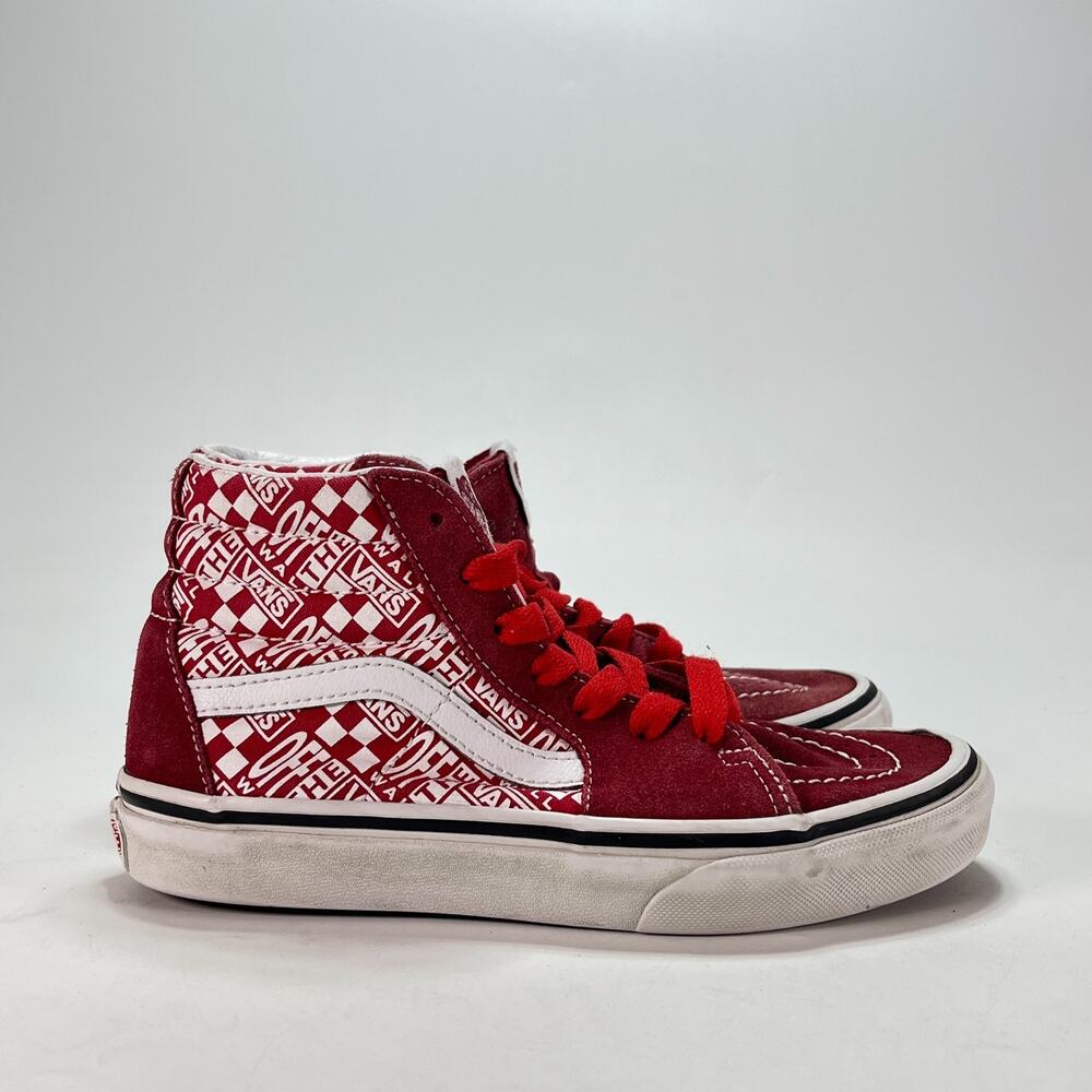 Vans Sk8-Hi All Over Logo Red Checkerboard High Skate Shoes 507452 Youth Size 2
